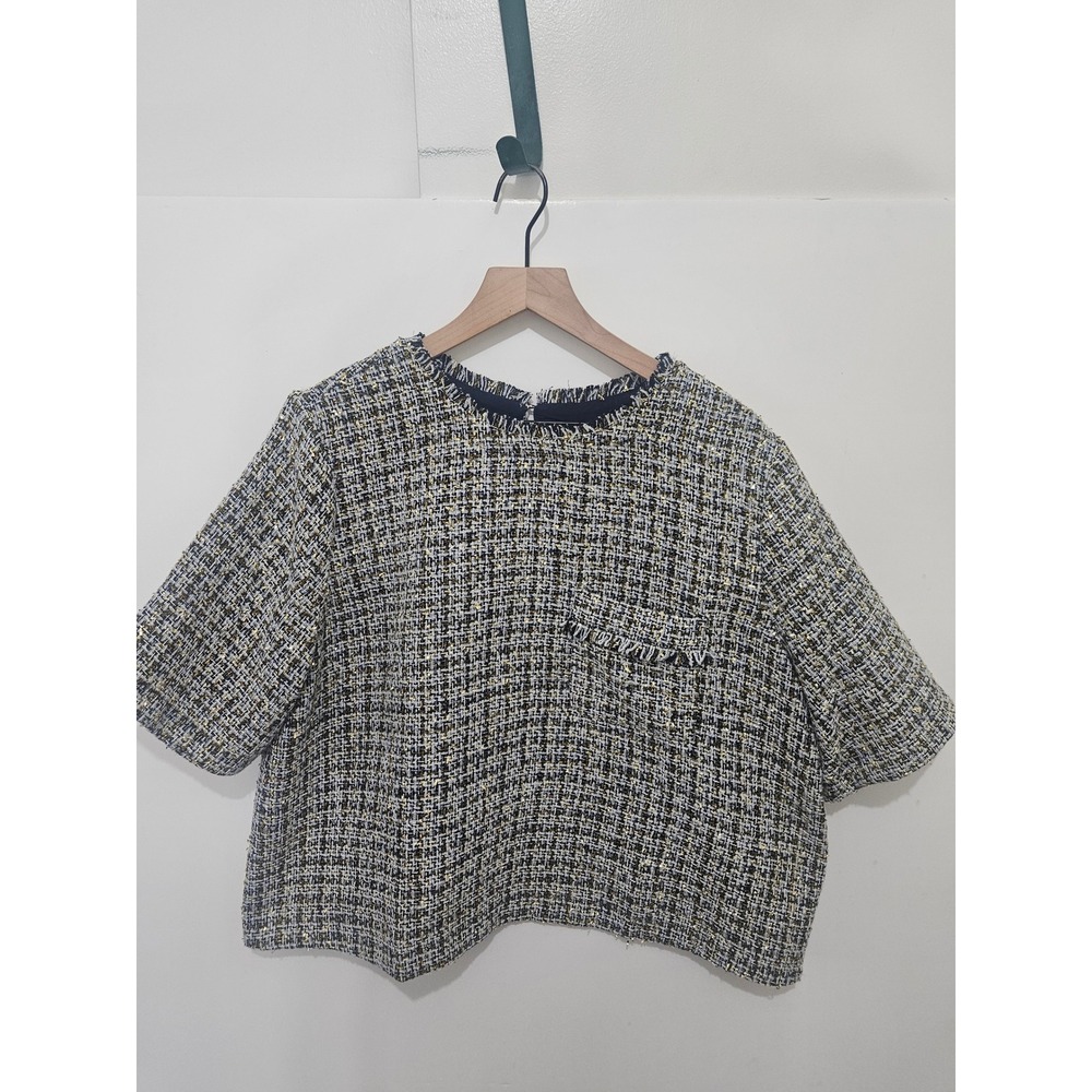 LOFT Womens XL Navy Gold Metallic Tweed Short Sleeve Top Boxy Frayed Trim Blouse